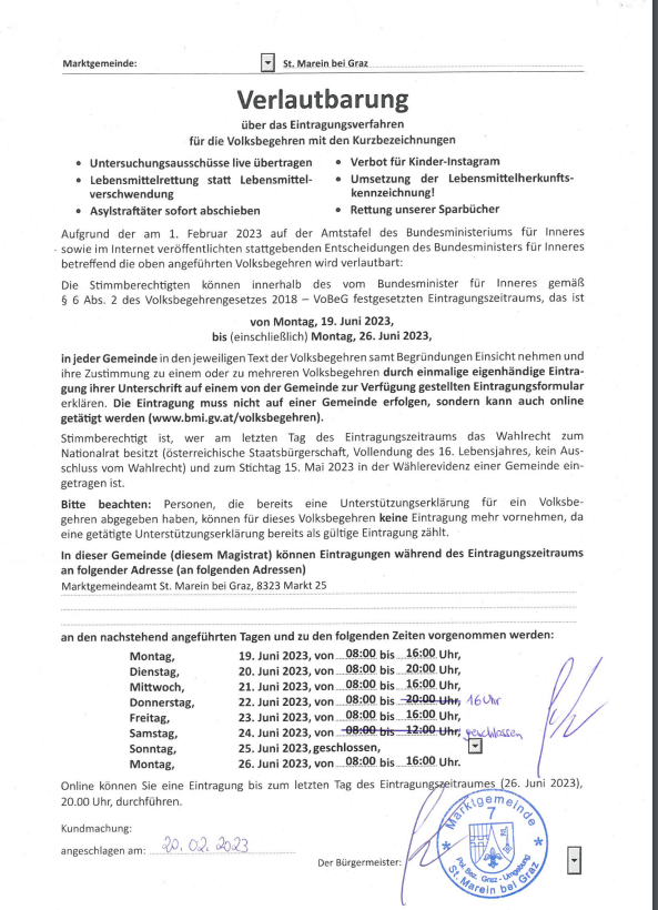 Verlautbarung Volksbegehren mit Auflagefrist im Juni 2023