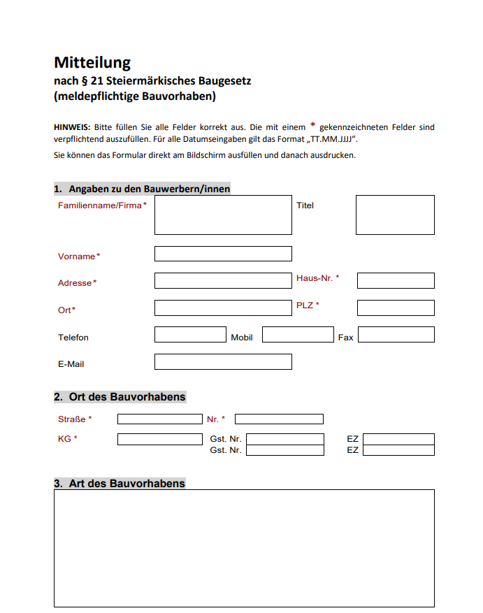 ab 04.02.2020 Meldepflichtige Bauvorhaben gem. 21 Stmk BauG