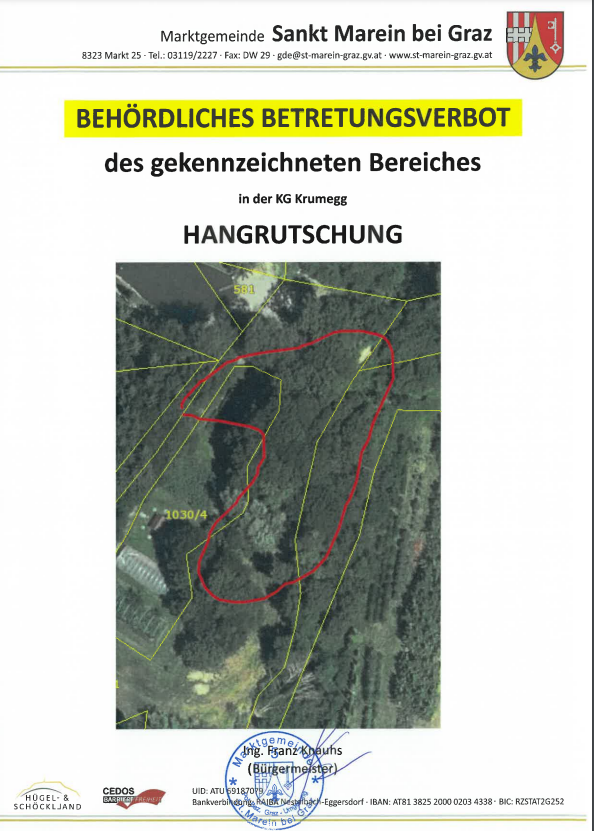 Behördliches Betretungsverbot des gekennzeichneten Bereiches in der KG Krumegg