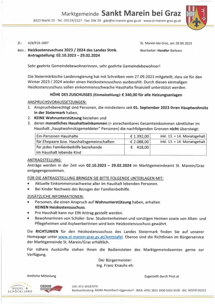 Heizkostenzuschuss 2023/2024 Land Stmk.