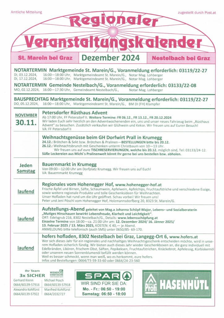 Veranstaltungskalender Dezember 2024