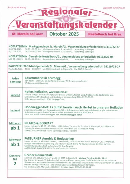 Veranstaltungskalender Oktober 2025