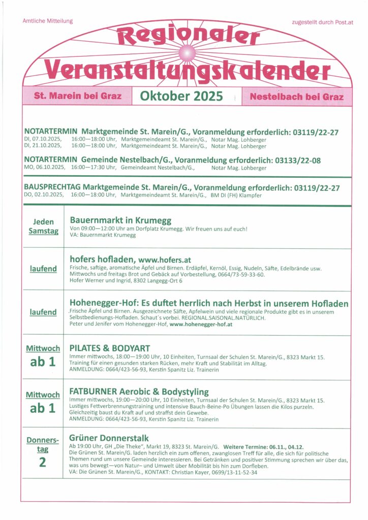 Veranstaltungskalender Oktober 2025