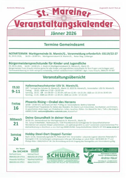 Veranstaltungskalender Jänner 2026