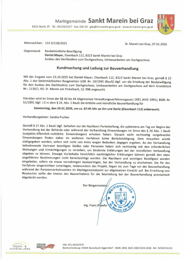 Bauverhandlung am 29.01.2026, 07:45 Uhr