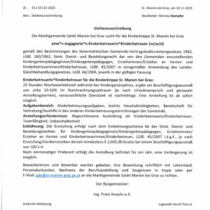 Stellenausschreibung Kinderbetreuerin*Kinderbetreuer (m/w/d)