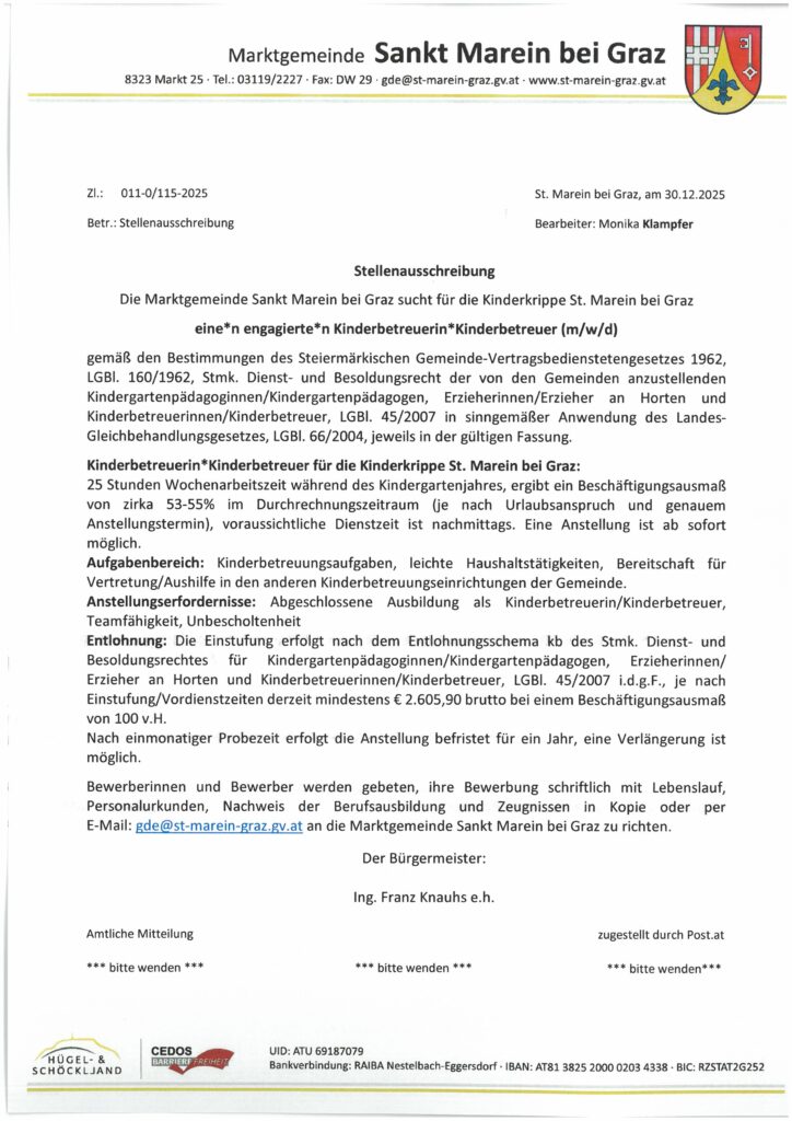 Stellenausschreibung Kinderbetreuerin*Kinderbetreuer (m/w/d)