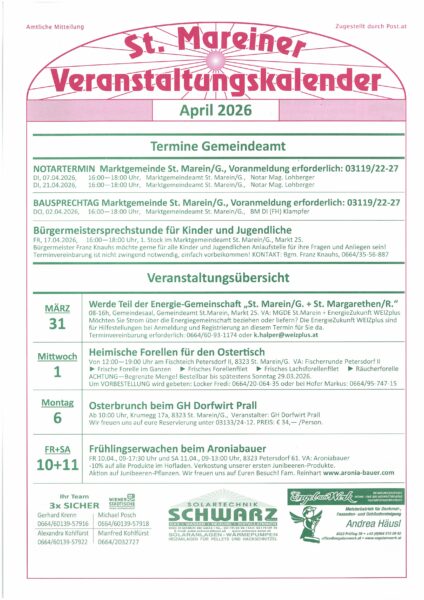 Veranstaltungskalender April 2026
