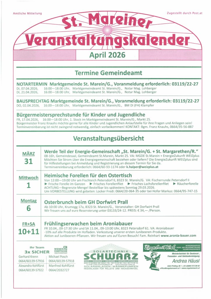 Veranstaltungskalender April 2026