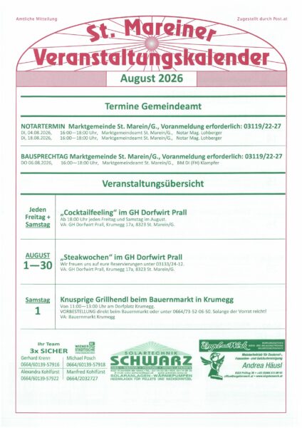 Veranstaltungskalender August 2026