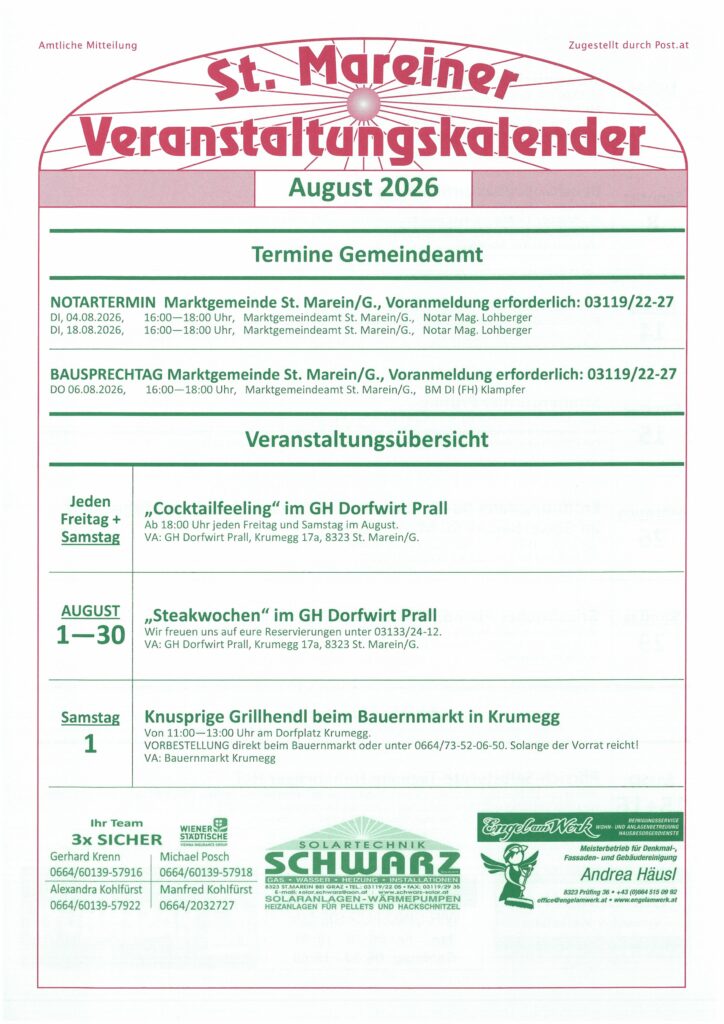 Veranstaltungskalender August 2026