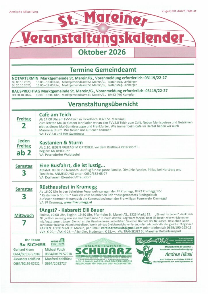 Veranstaltungskalender Oktober 2026